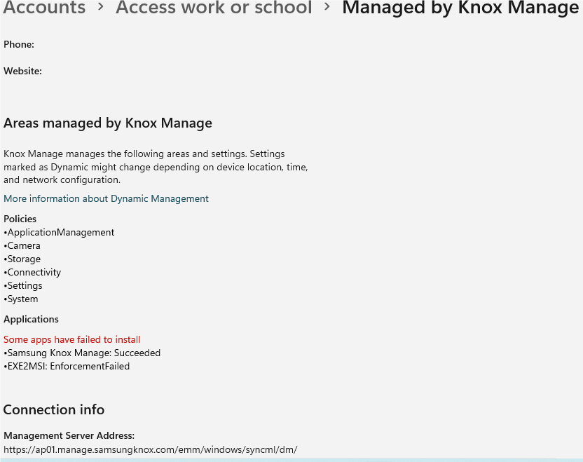 Knox Manage application and policy information