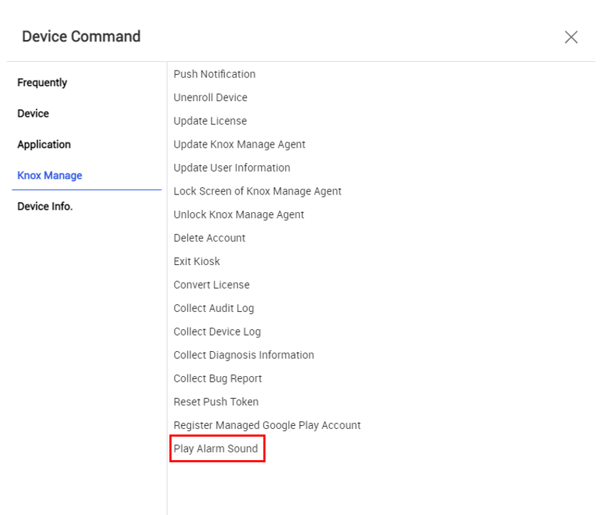 The Play Alarm Sound command on the KM console.