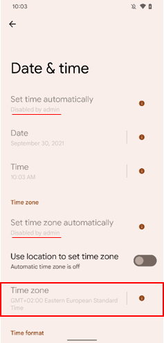 An Android device with the enforced time zone policy. The device user cannot manually change the time nor the time zone.