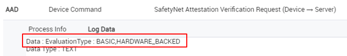 A device's SafetyNet Attestation status in the audit log.