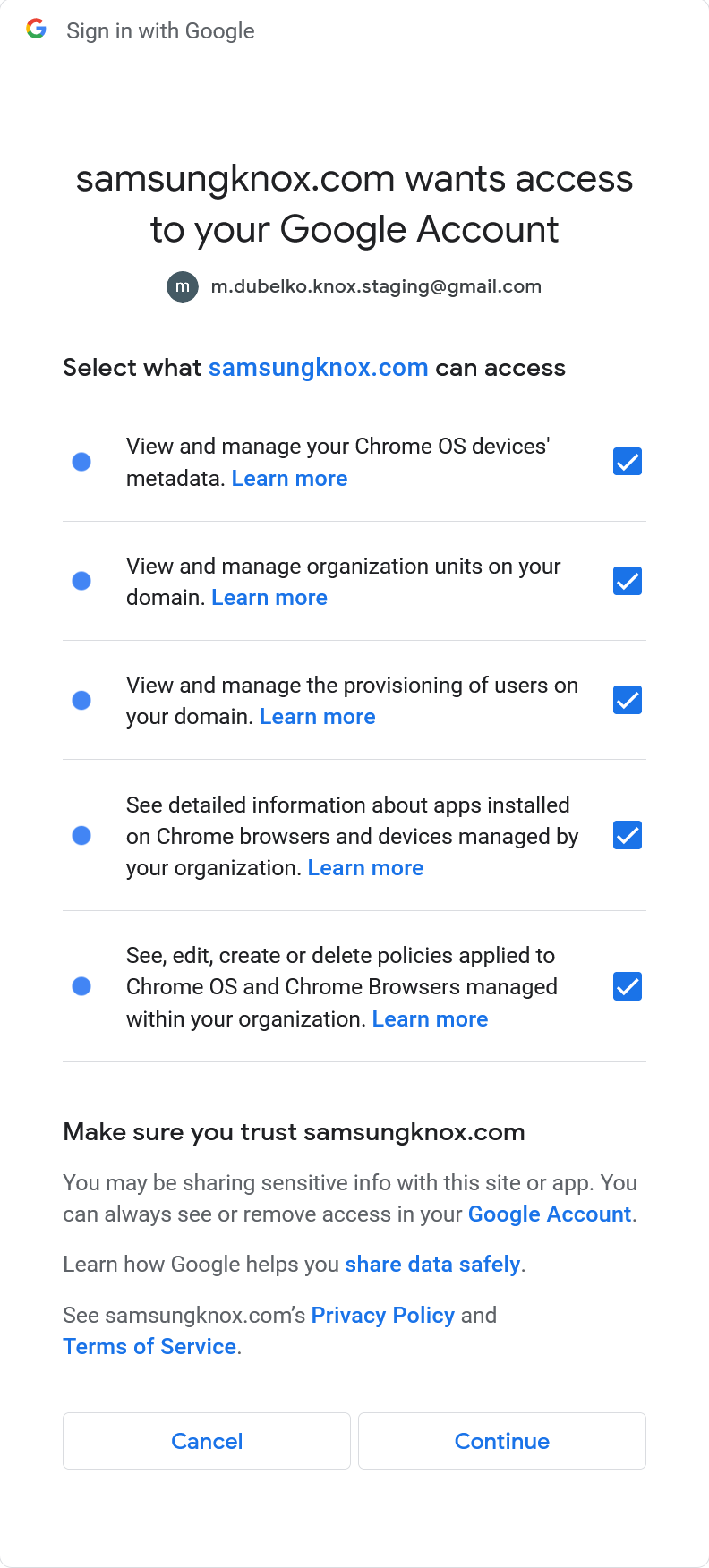 Granting Google account permissions on GSuite.