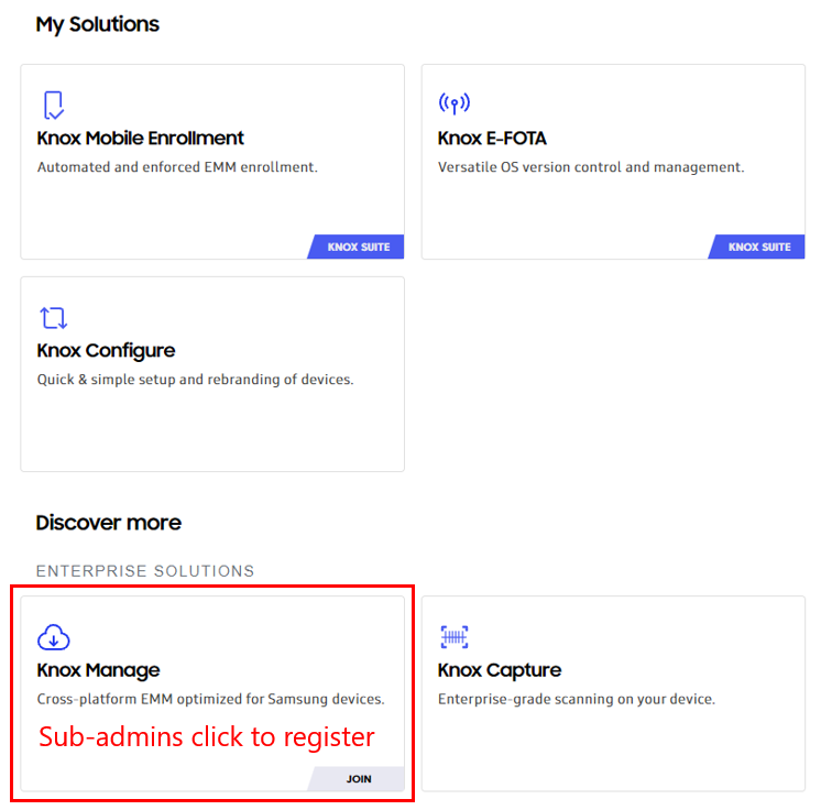 The Knox Manage card with the Join text.