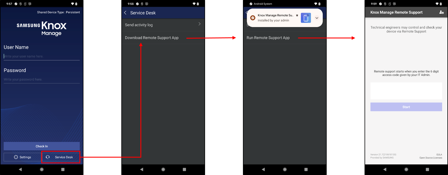 A staging user installing the Knox Remote Support app.