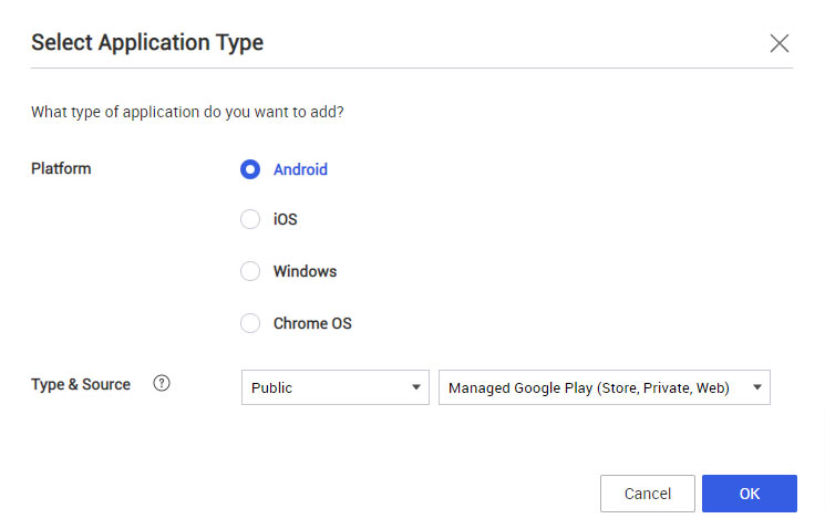 Consolidated MGP app selection in the Select Application Type dialogue