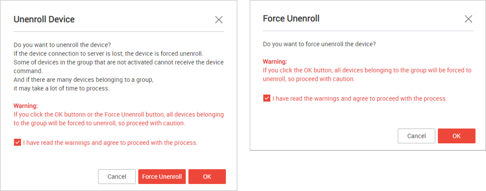 Two confirmation popups for group unenrollment, side by side. The popup on the left concerns general group unenrollment, while the one on the right concerns forced unenrollment. Both ask you to confirm your intent before proceeding. Both use red warning text.