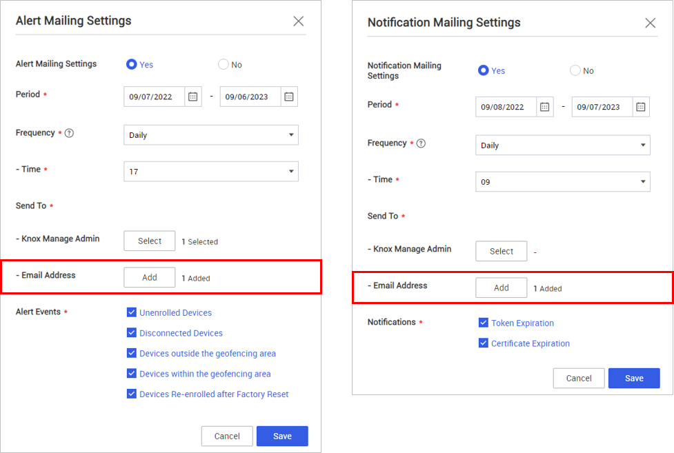 The new Email Address field in both the alert and notification email settings.