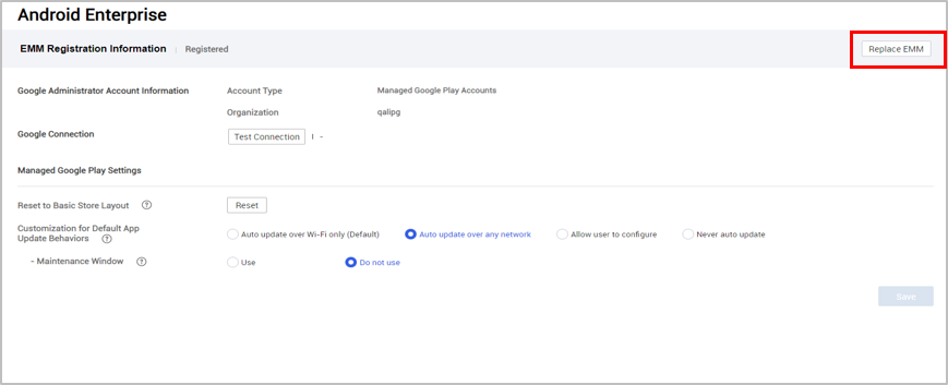 The Android Enterprise page of the Knox Manage console displaying the Replace EMM button.