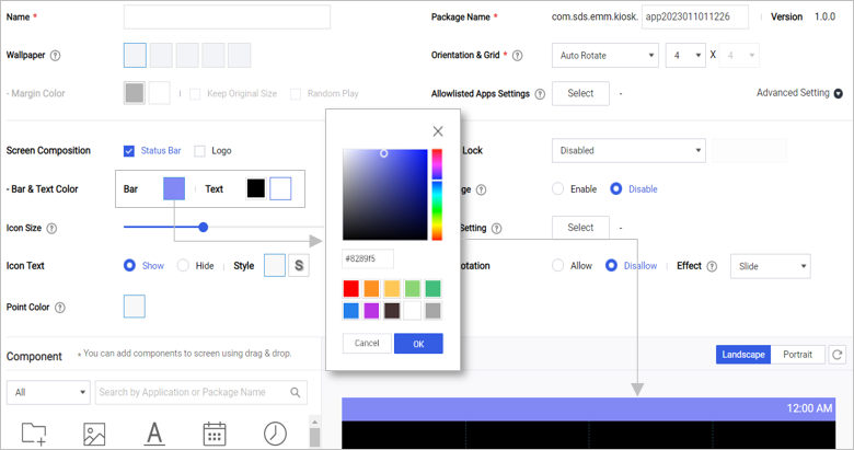 The Kiosk Wizard in the Knox Manage console displaying options to set Status bar and text color.