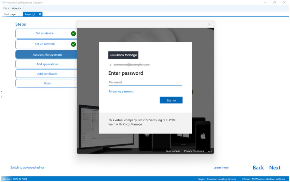 Entering the Entra account password on the Account Management screen.