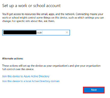 Entering the Entra account name when enrolling a joined device with Windows Settings.
