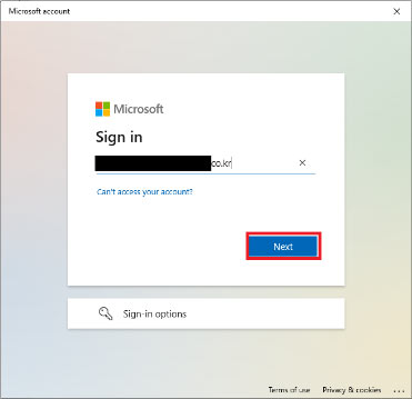 Entering the Entra account name when enrolling a registered device with Windows Settings.