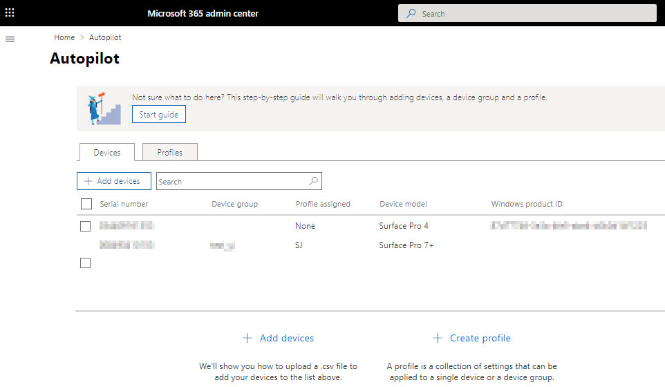 The Autopilot page on the Microsoft Admin Center