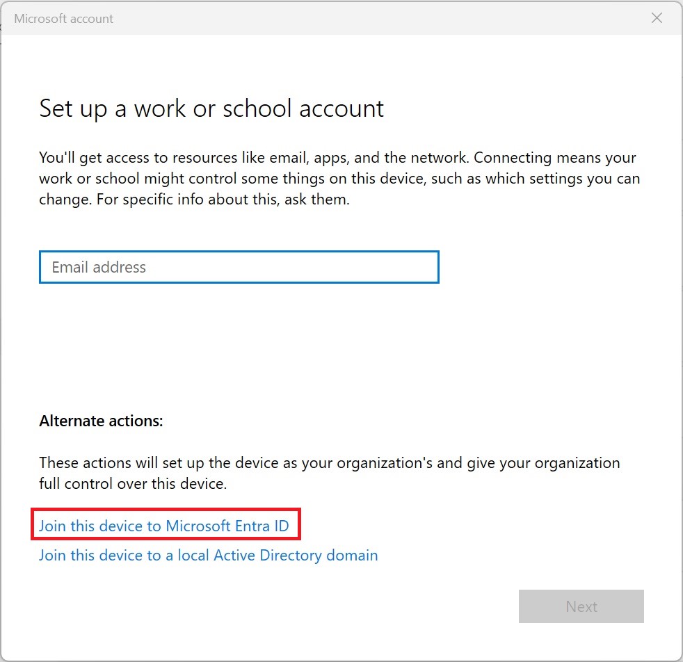 Joining to an Entra when enrolling a registered device with Windows Settings.
