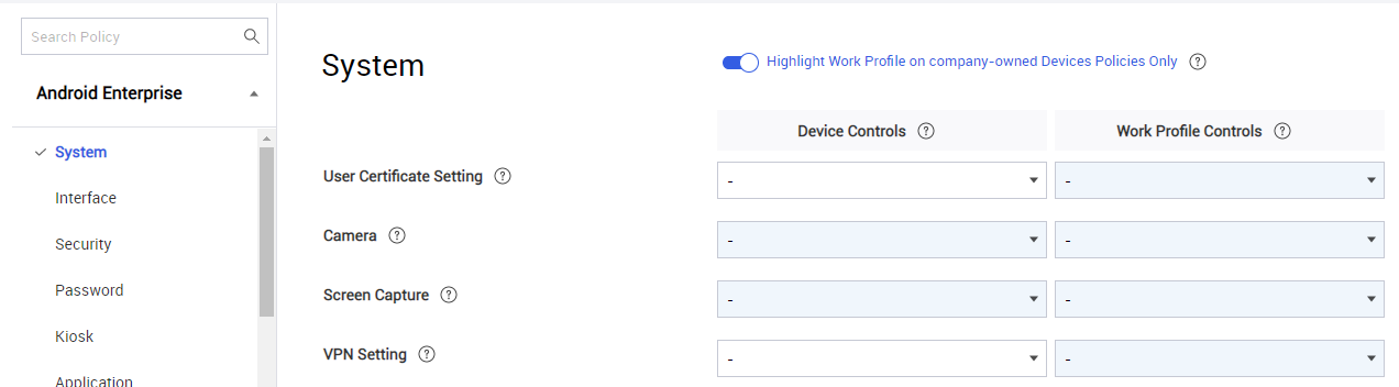 The Profile page with the option to highlight policies for work profile on company-owned devices turned on