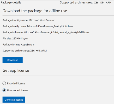 Downloading the offline license and package of the Kiosk Browser app on Microsoft Store for Business.