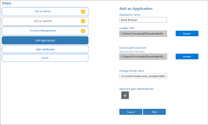 Adding the Kiosk Browser app on the Add an Application screen of the wizard in the Windows Configuration Designer.