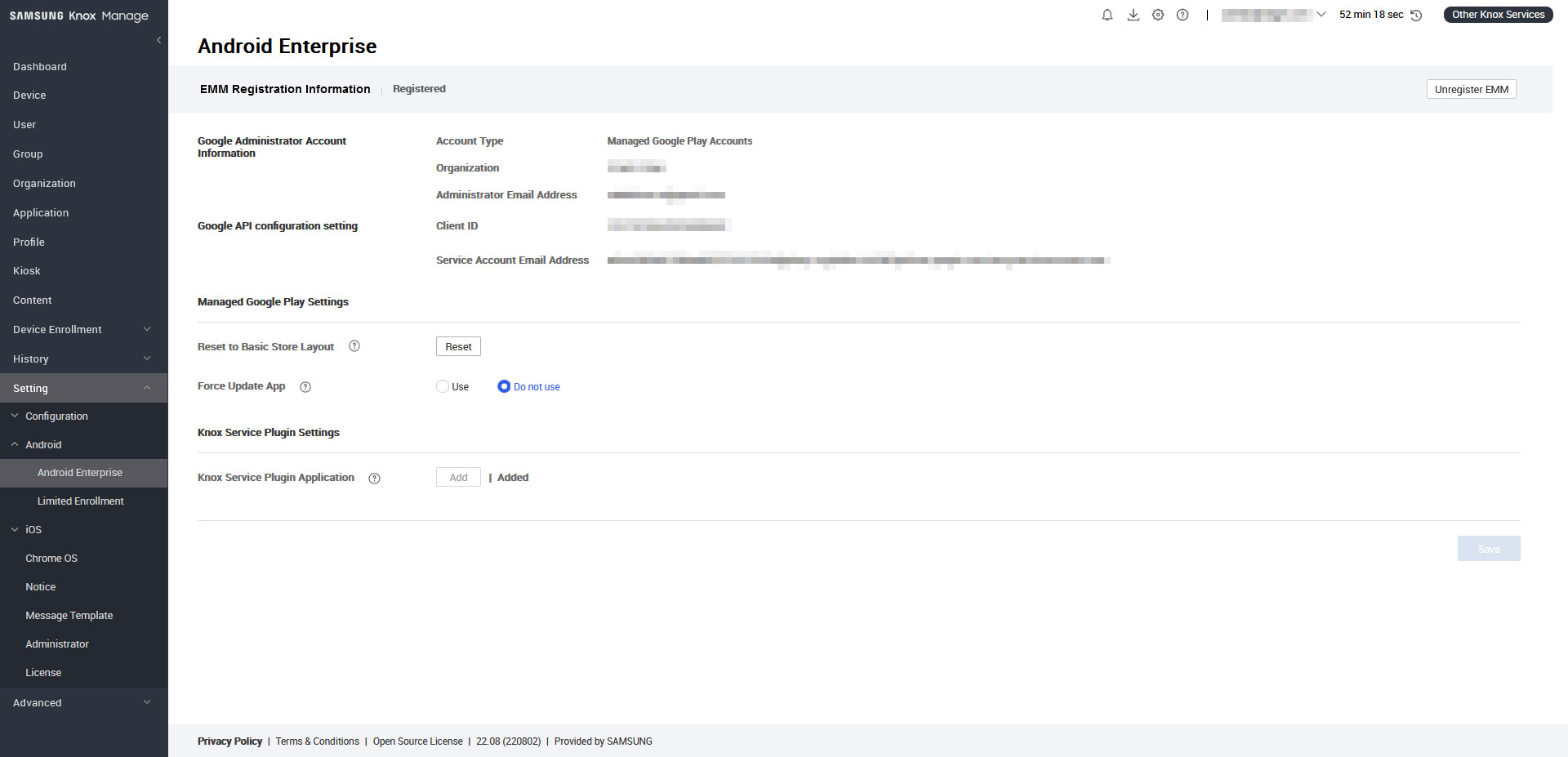 The Google Play account information and Google API settings on the Android Enterprise page of the Knox Manage console