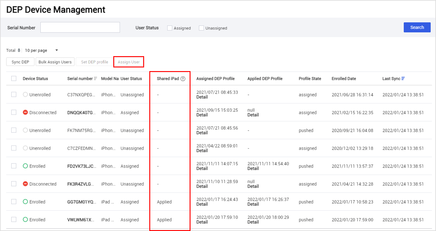 The ADE Device Management page with a device overview containing Shared iPads.