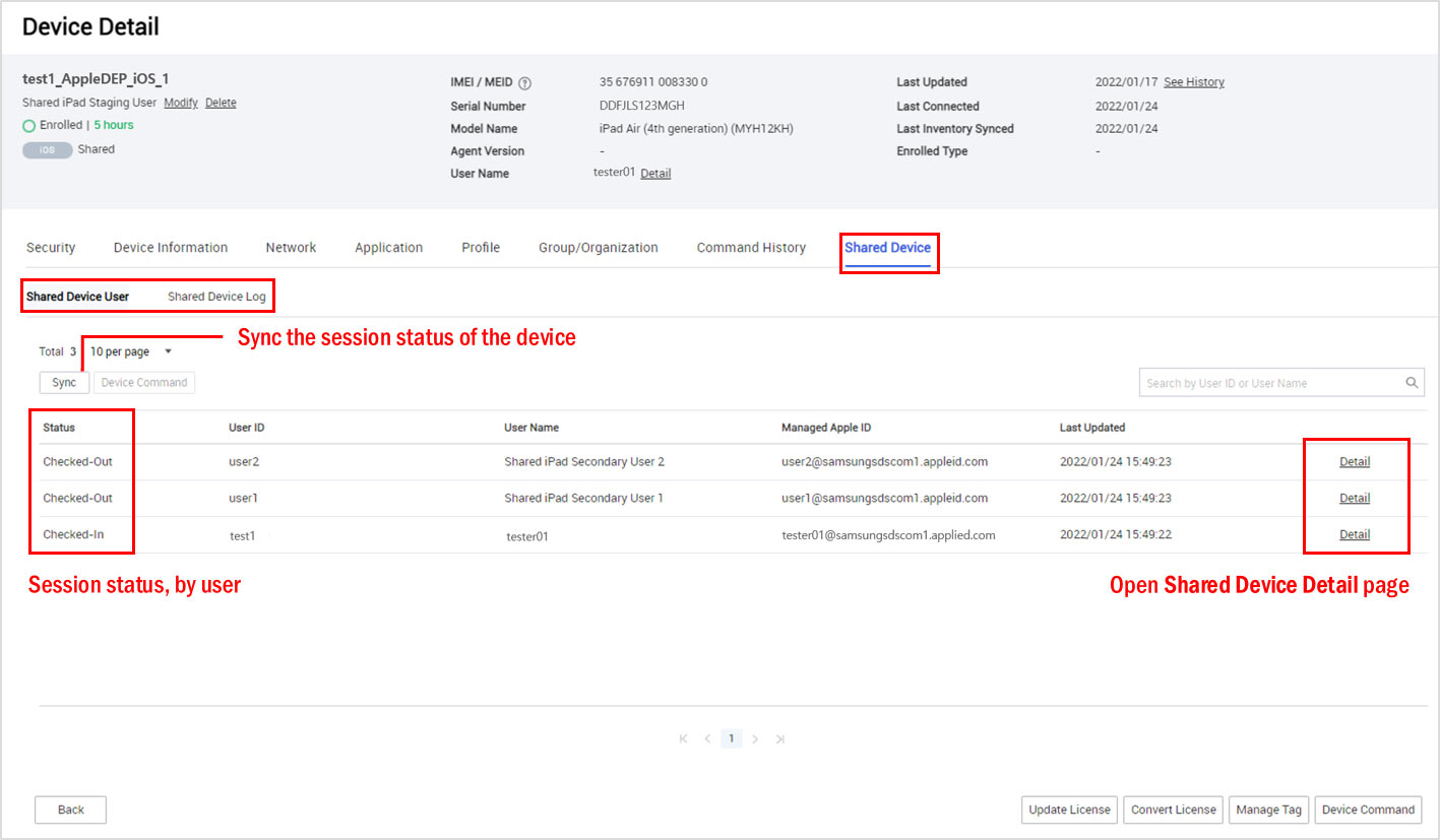 The Shared Device tab on the Device Details page, which contains elements specific to Shared iPads.