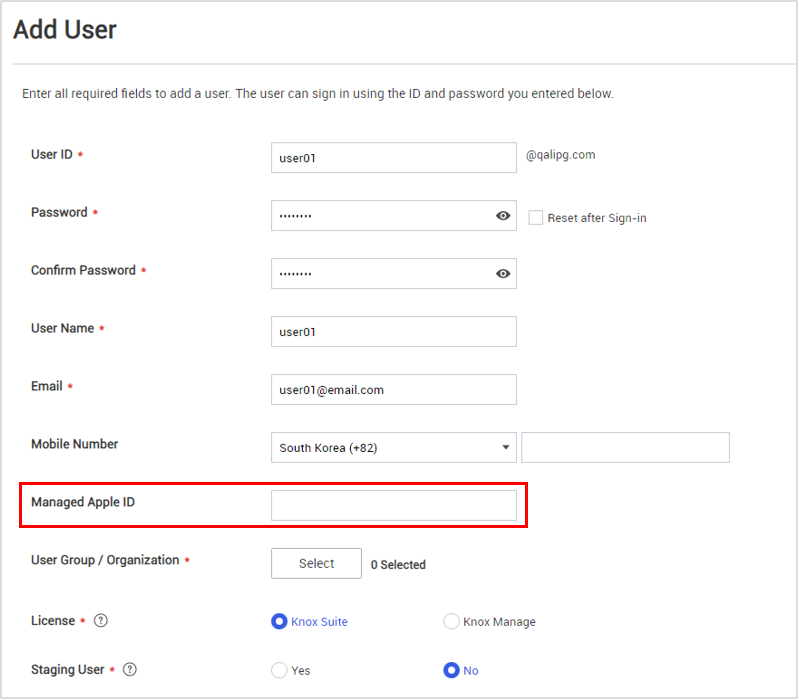 The Managed Apple ID field on the Add User page.