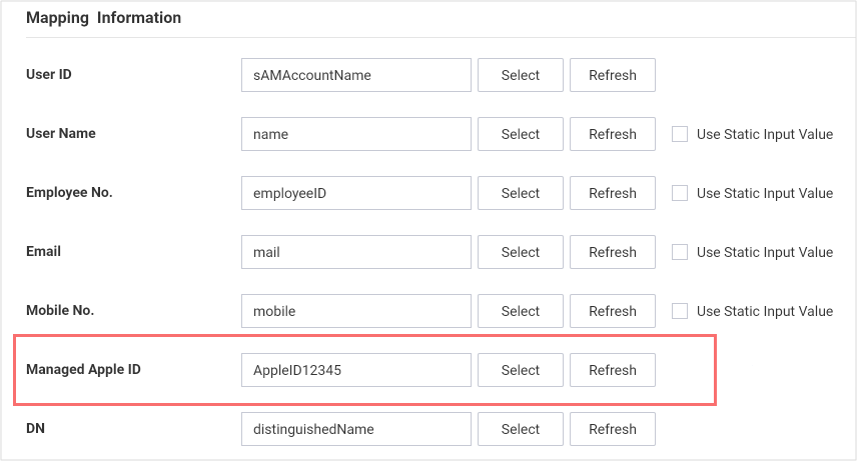 The automatically synced Managed Apple ID field on the Sync Service page.