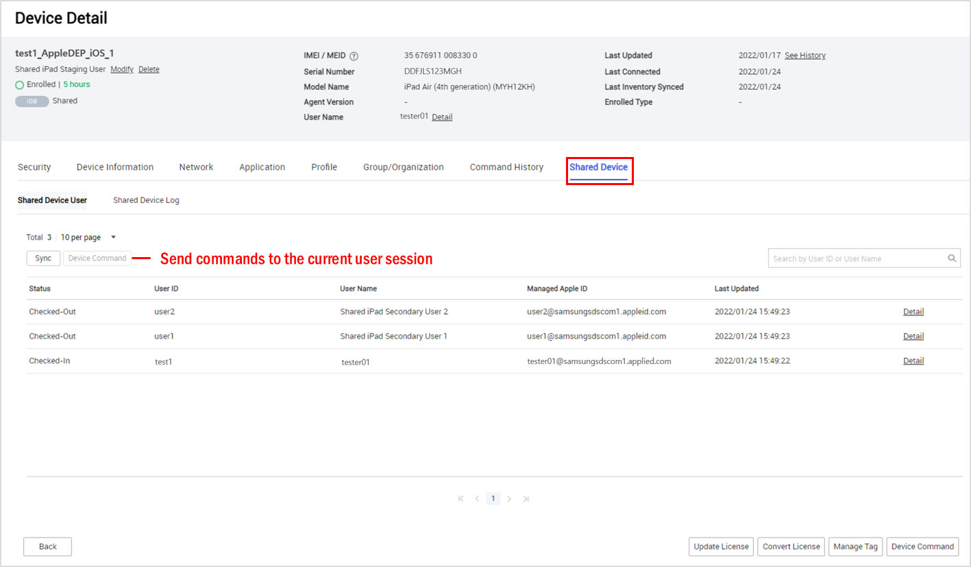 Sending a device command on the Shared Device tab of the Device Details page.