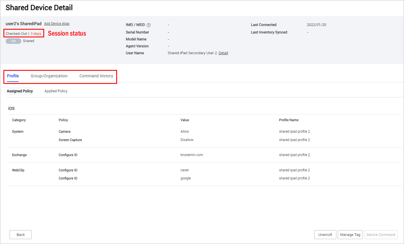 The Shared Device Details page, with elements specific to Shared iPads.