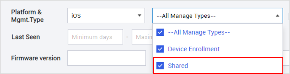 Filtering iOS devices on the Device page by the Shared management type.