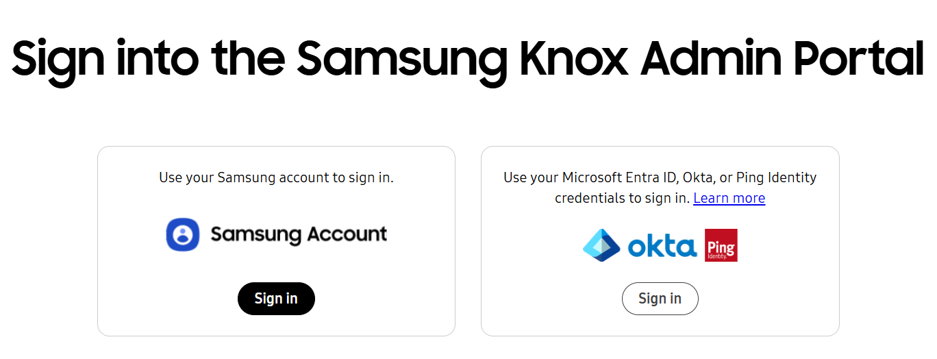 The sign-into Samsung Knox Admin Portal screen.
