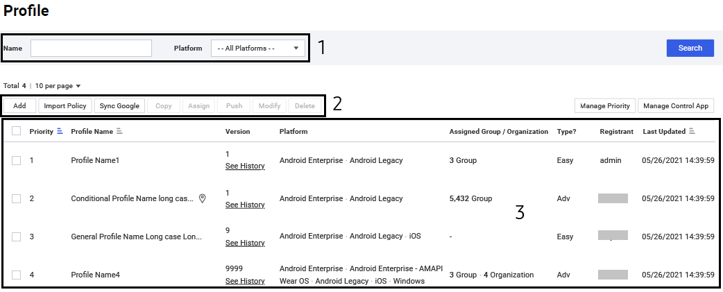 The Profile page broken down into its search field, action row, and profile list