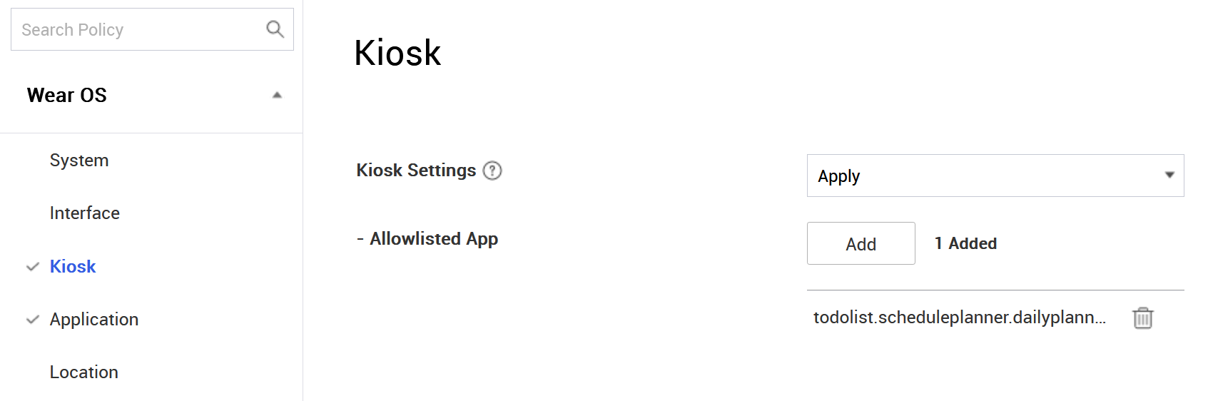 The Set Policy page with the Kiosk Settings policy set to allow an app.
