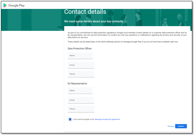 Entering the contact details in the Google Play enterprise registration flow