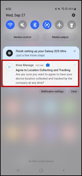 Location tracking permission notification during device enrollment