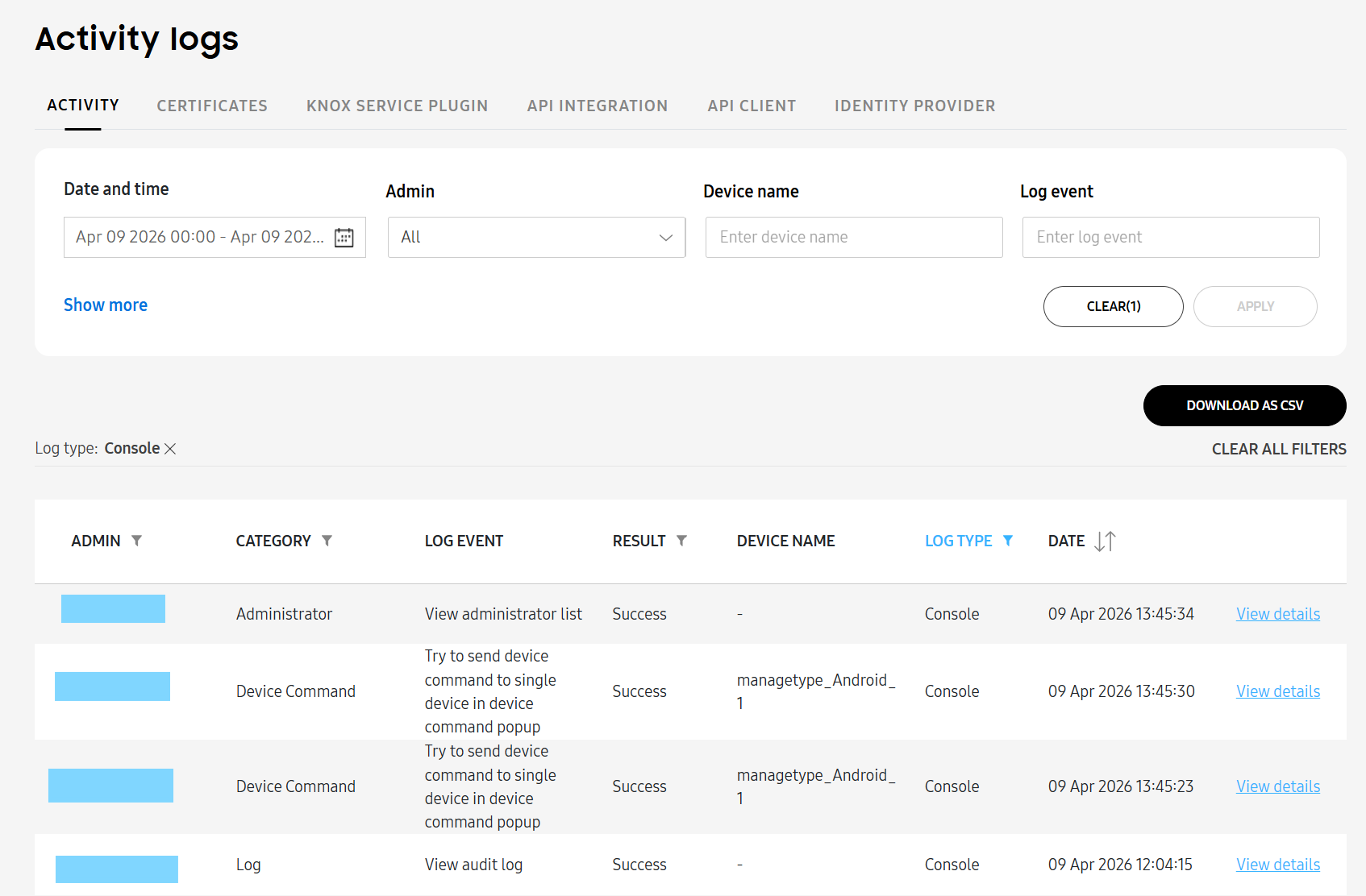 Activity log page