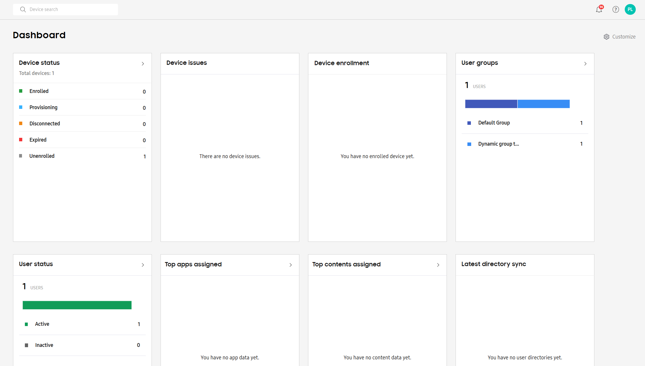 Updated dashboard after customizing
