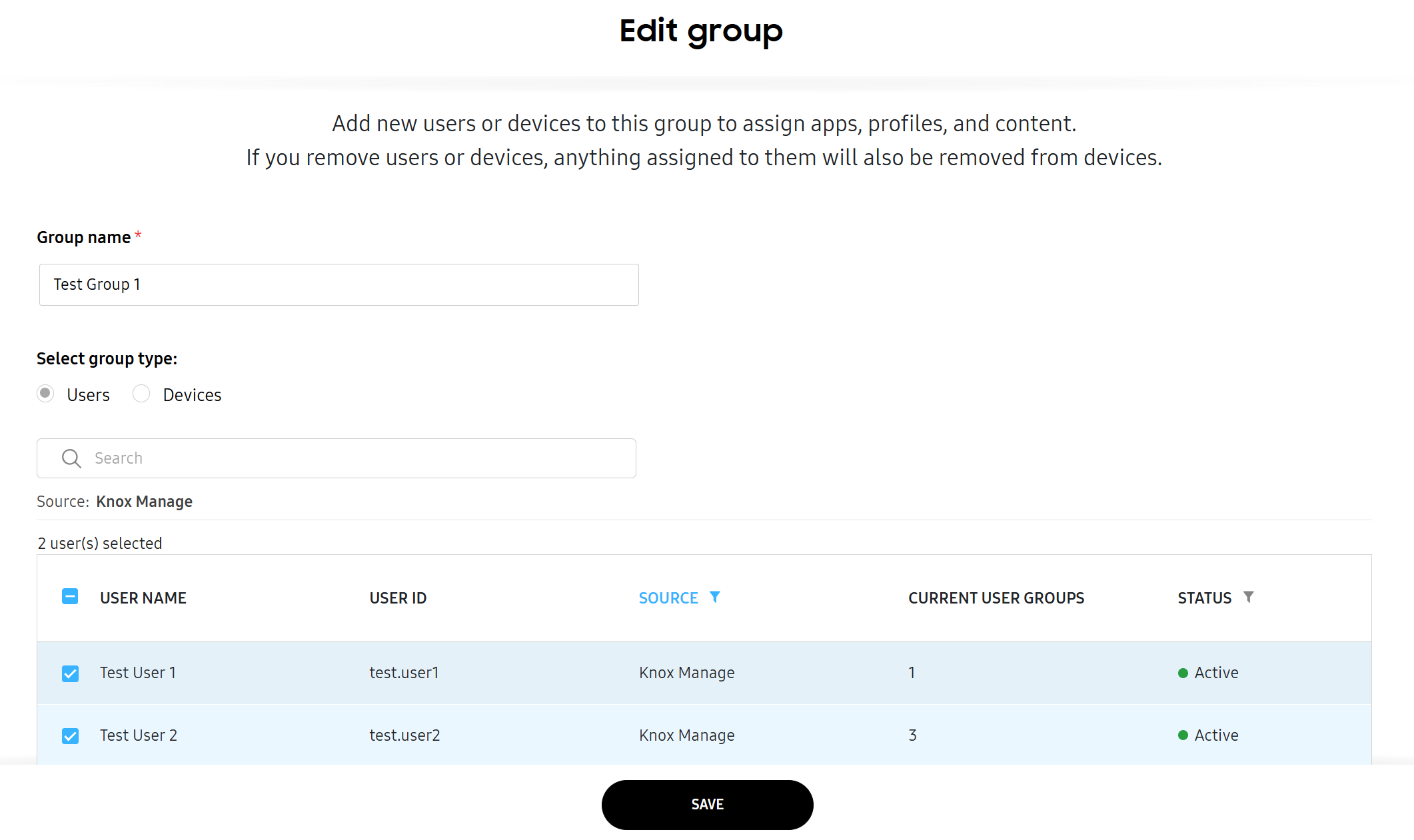 Edit user group page