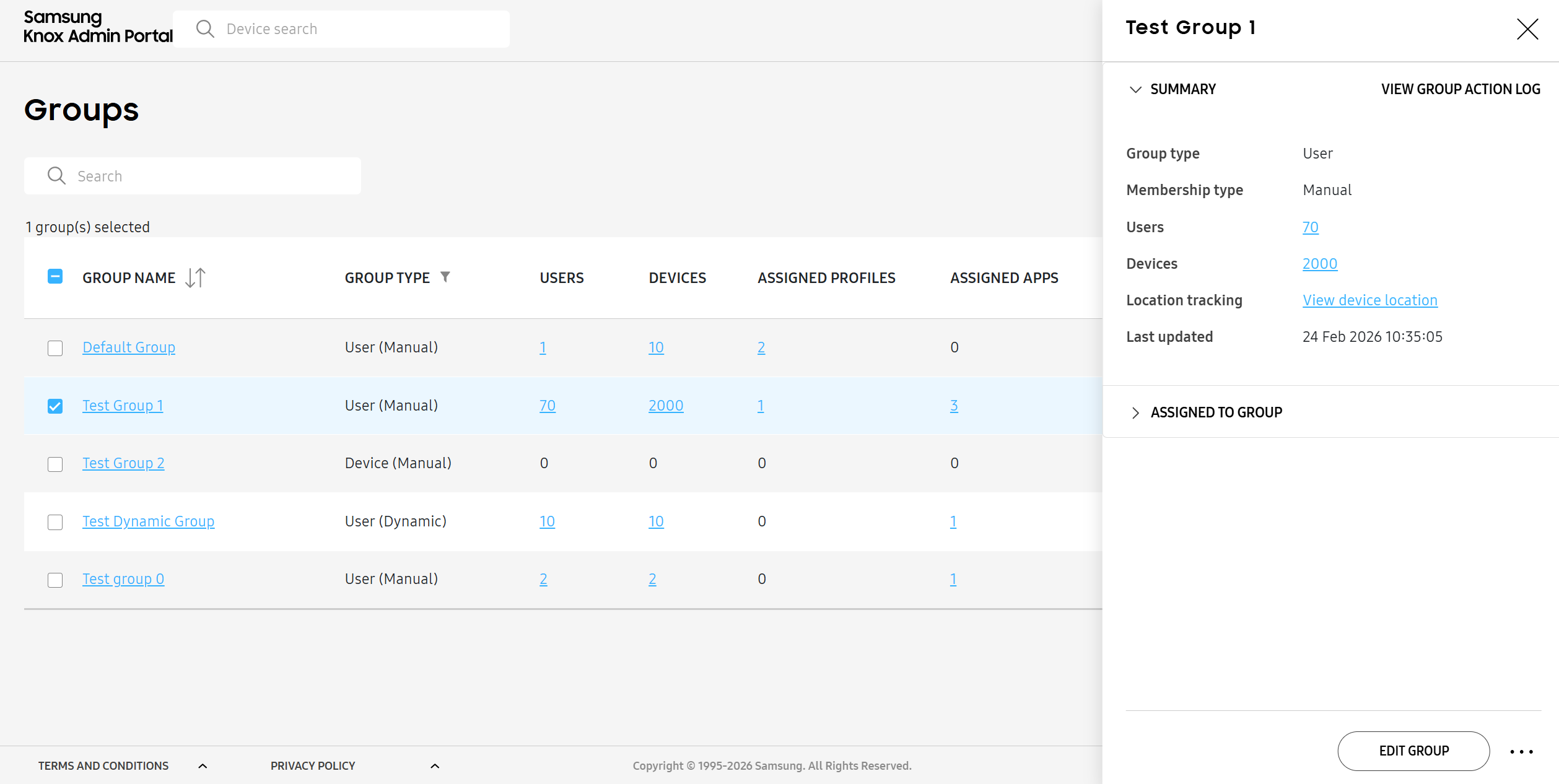 Group details panel with further details of selected group