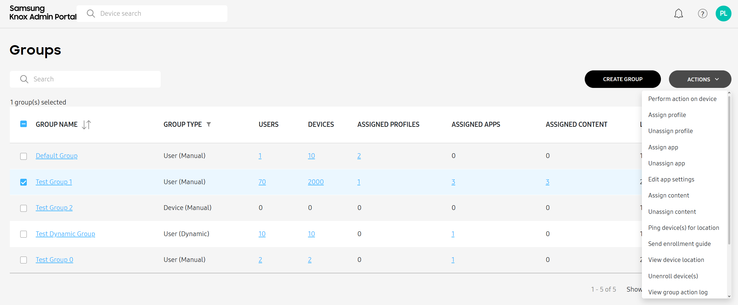 ACTIONS menu on the Groups page