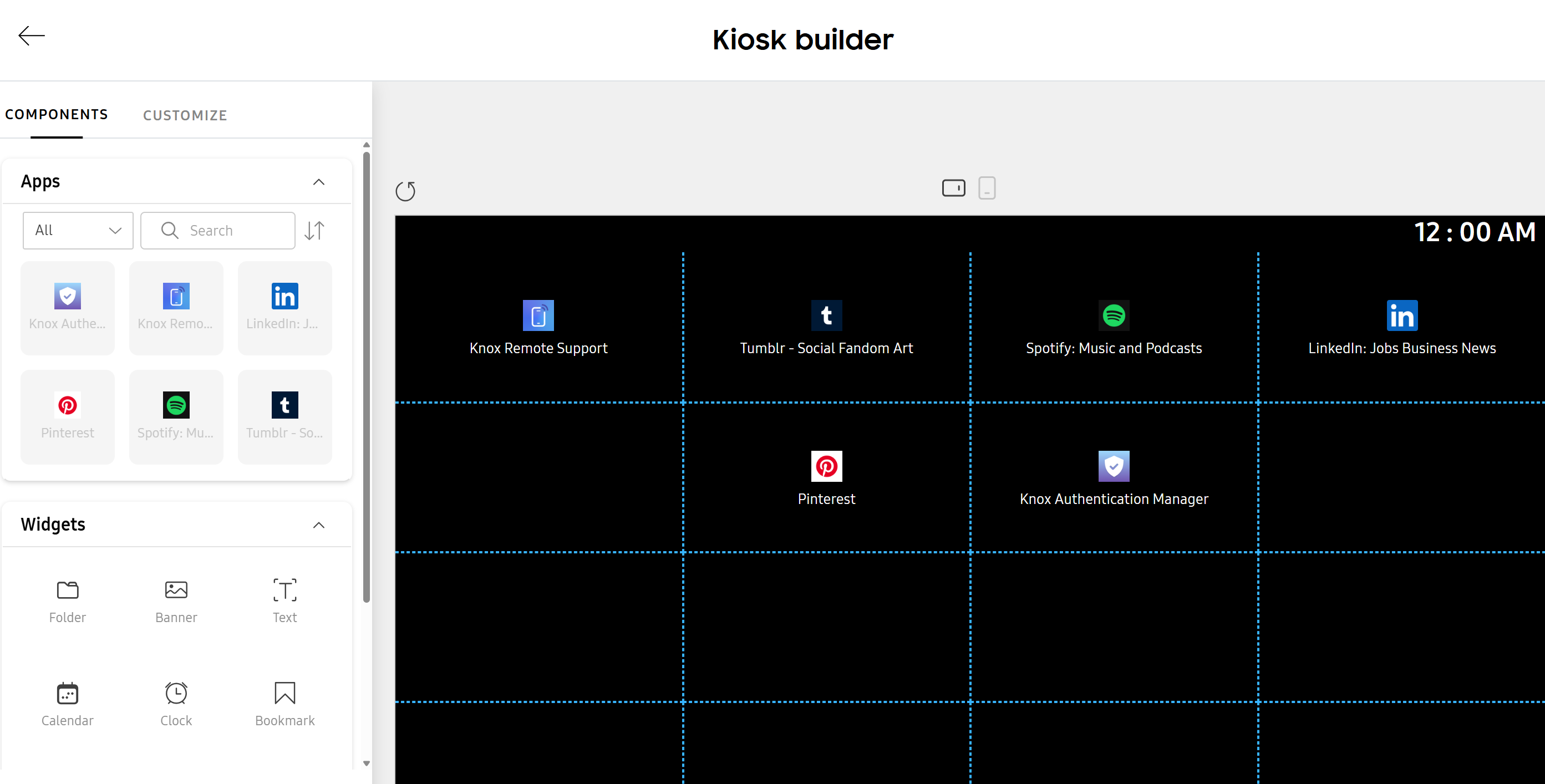 Components section in kiosk builder