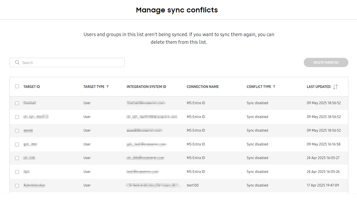 The Manage sync conflicts page, where you can view sync conflicts and delete targets.