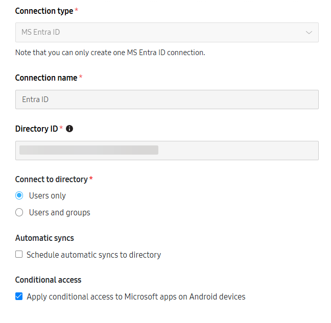 An image of the field in Knox Manage that allows Conditional Access for your Microsoft Entra ID connection.