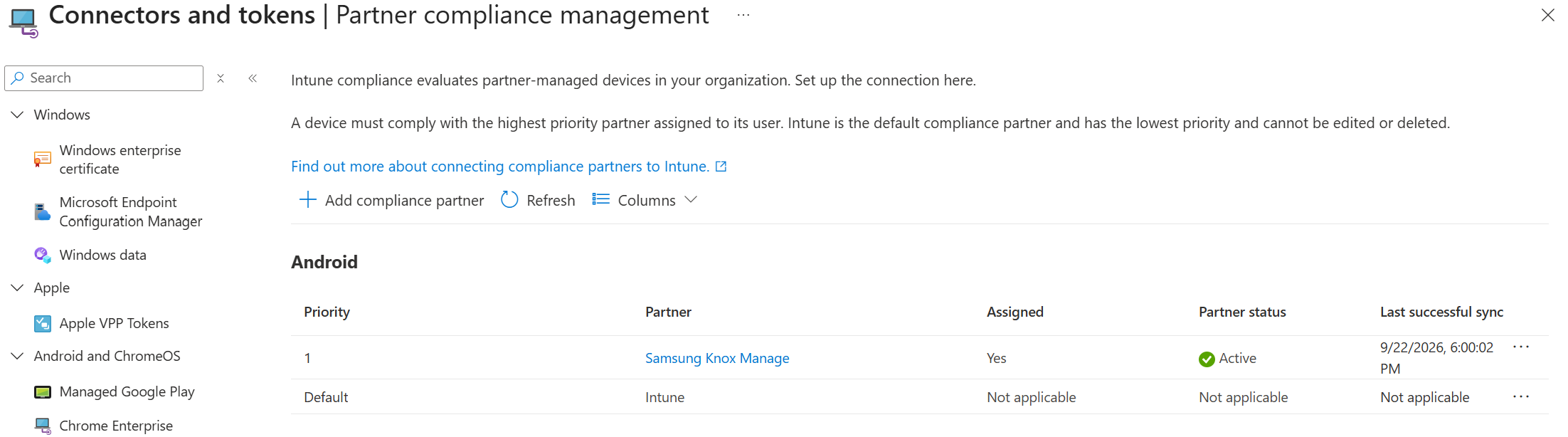 An image of the Microsoft Intune Partner compliance management page where you can view your Partner status.