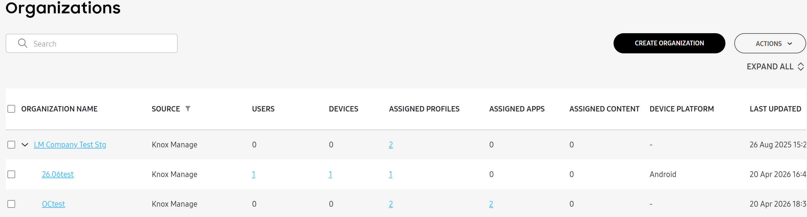 An image of the organizations list in Knox Manage.