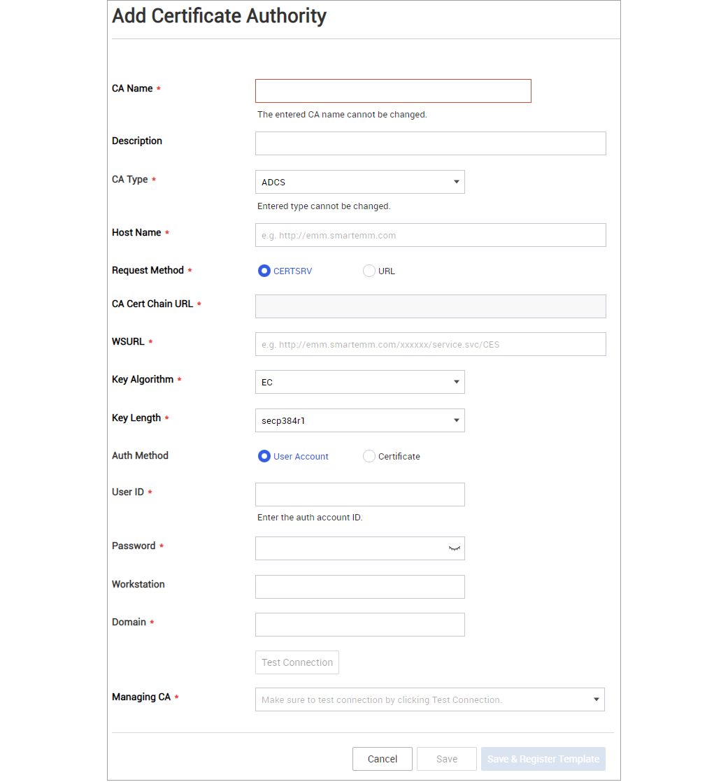 The Add Certificate Authority page.