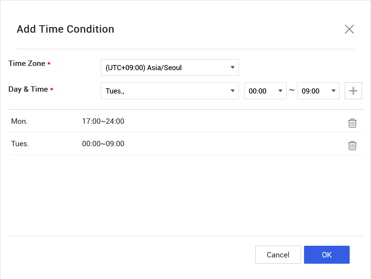 Adding a time-based profile event in the Add Time Condition dialog