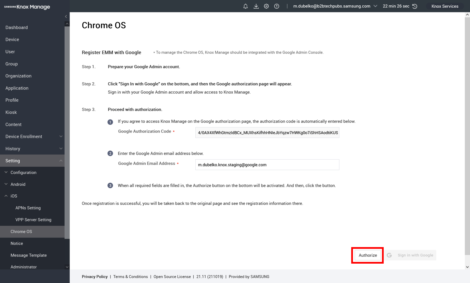 Registering the Google account on the KM console.