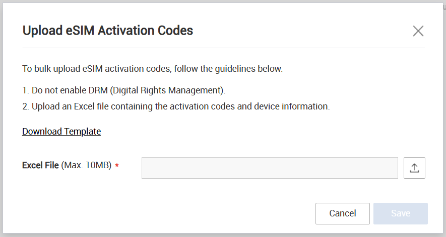 Upload eSIM activation codes dialog