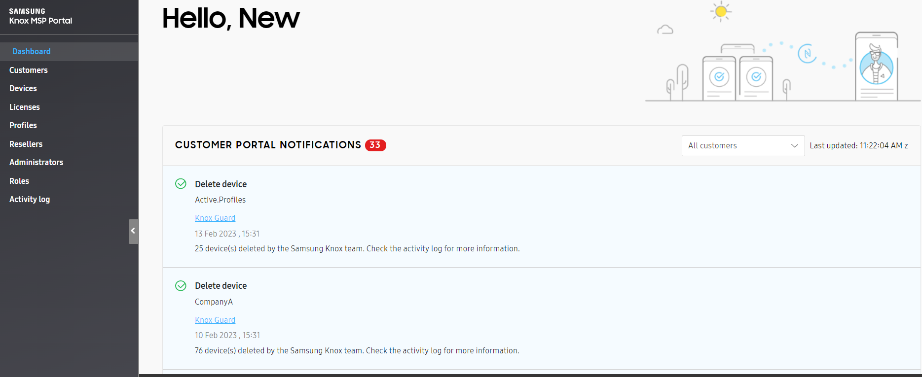Viewing Knox Manage notifications in the Dashboard of the Knox MSP Portal.