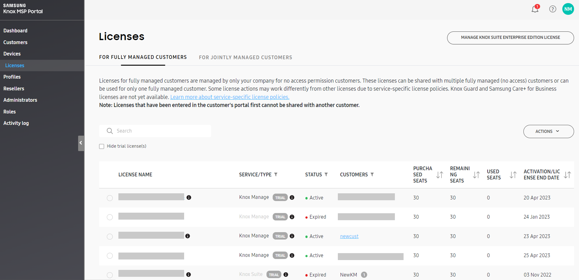 Viewing license information in the the Knox MSP Portal.