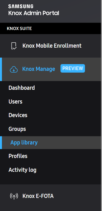 The navigation pane of the Knox Admin Portal, with a Knox Manage entry nestled between Knox Mobile Enrollment and Knox E-FOTA, demonstrating a single unified interface.